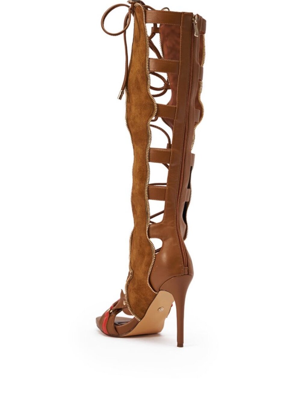 AKIRA Tan Lace-Up Knee-High Gladiator Sandals with Coral Accents - Picture 3 of 7